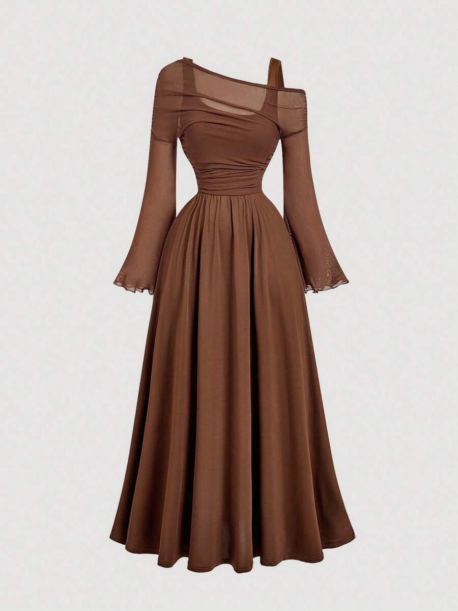 SHEIN MOD فستان بني بأكمام طويلة شبك مزدوج