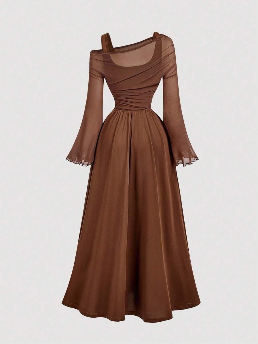 SHEIN MOD فستان بني بأكمام طويلة من الشبك بتصميم مزدوج