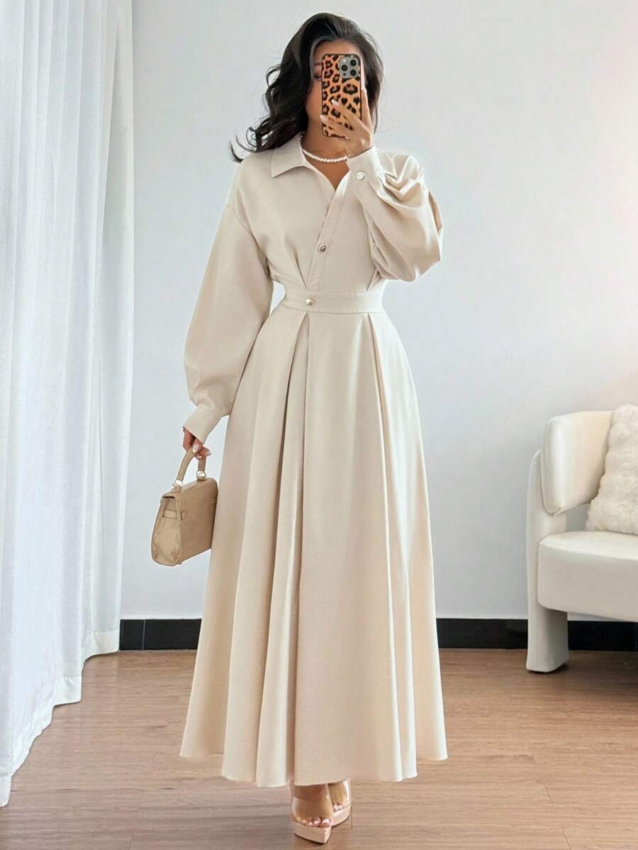 SHEIN Rafferiza فستان بياقة منقلبة وأكتاف منسدلة طويلة وخصر متسع