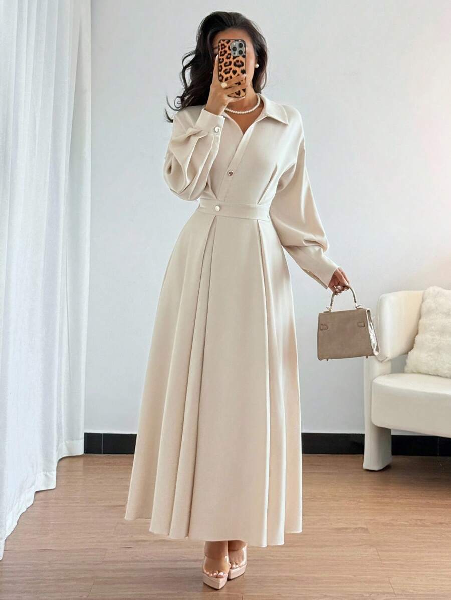 SHEIN Rafferiza فستان بياقة منقلبة وأكتاف منسدلة طويلة وخصر متسع