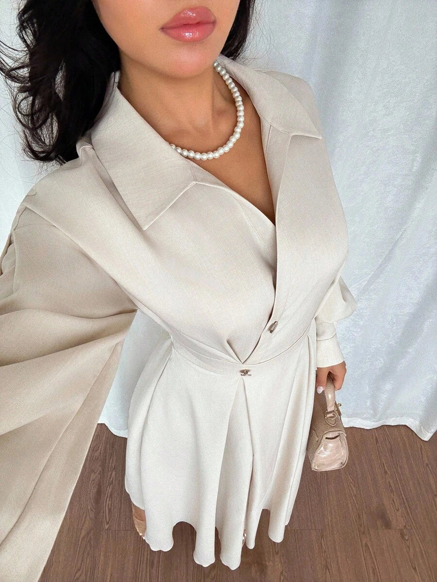 SHEIN Rafferiza فستان بياقة منقلبة وأكتاف منسدلة طويلة وخصر متسع