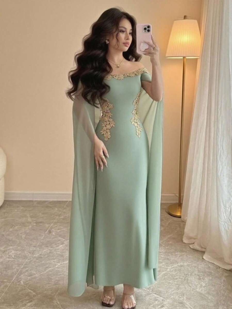 SHEIN Rafferiza فستان ماكسي اخضر رمادي بذيل حورية البحر