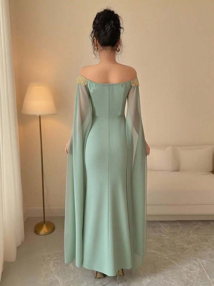 SHEIN Rafferiza فستان ماكسي اخضر رمادي بذيل حورية البحر