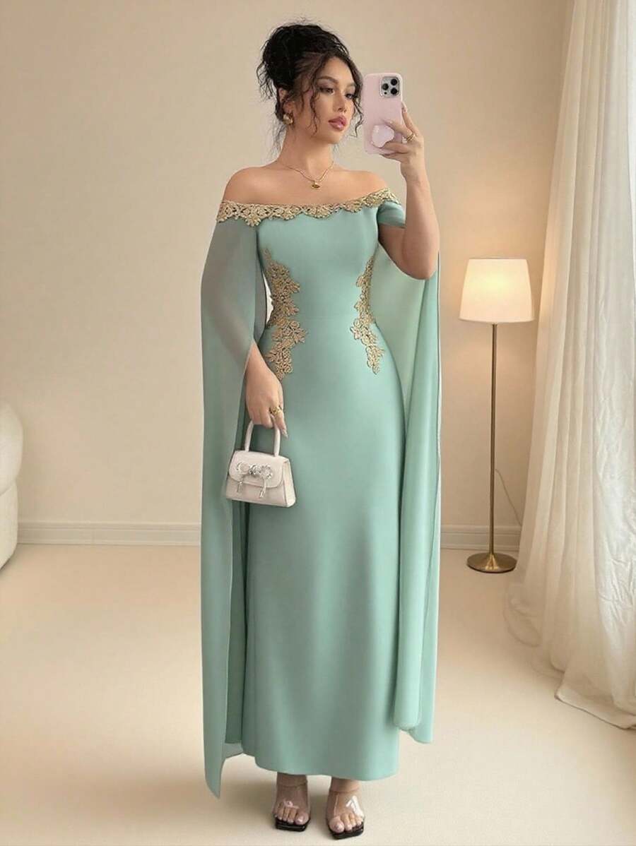 SHEIN Rafferiza فستان ماكسي اخضر رمادي بذيل حورية البحر