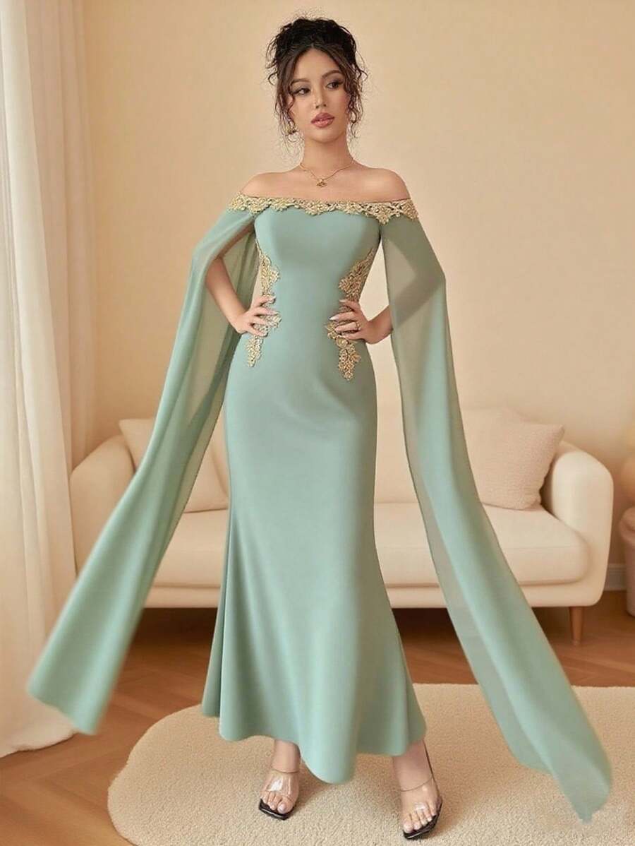 SHEIN Rafferiza فستان ماكسي اخضر رمادي بذيل حورية البحر