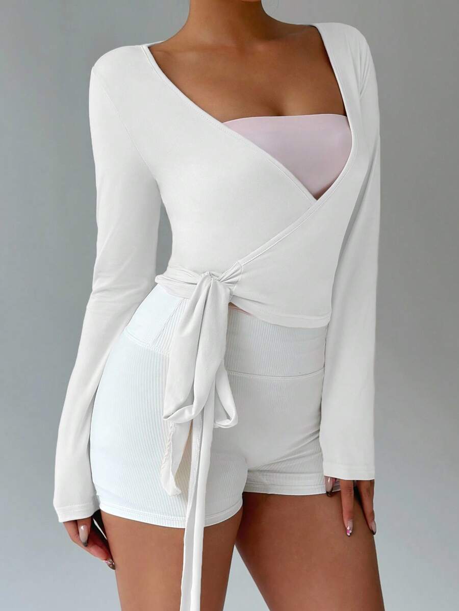 SHEIN FavEase توب قصير وردي بأكمام طويلة مرن لليوجا واللياقة