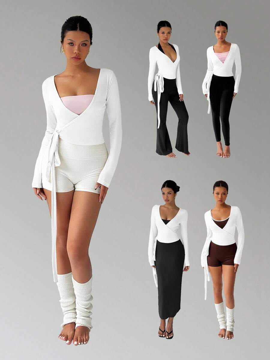 SHEIN FavEase توب قصير وردي بأكمام طويلة مرن لليوجا واللياقة