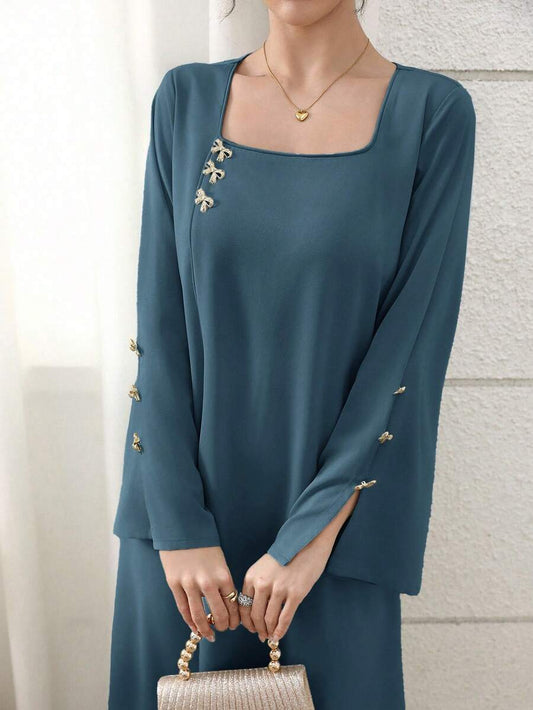 SHEIN Yasmyna فستان أزرق فضفاض مزين بفيونكة أنيق