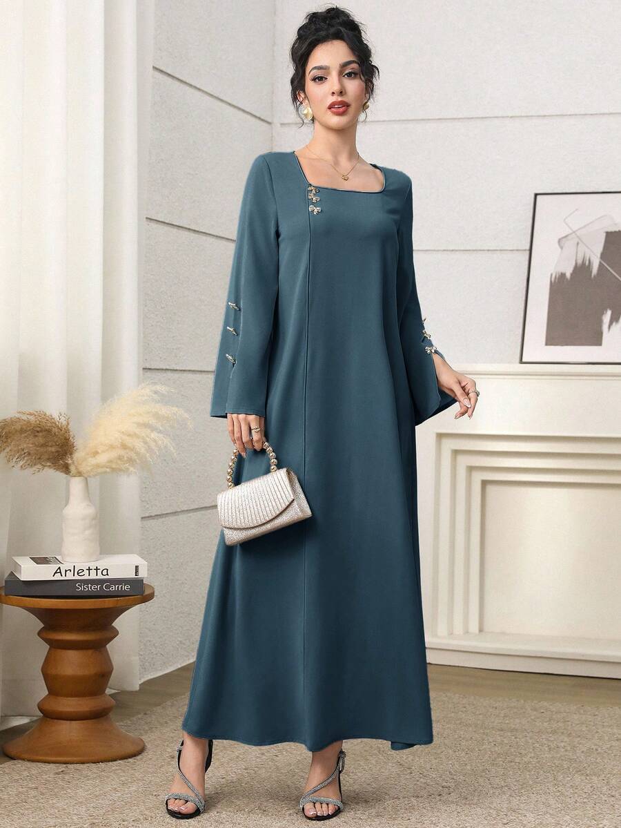 SHEIN Yasmyna فستان ازرق فضفاض مزين بفيونكة أنيق