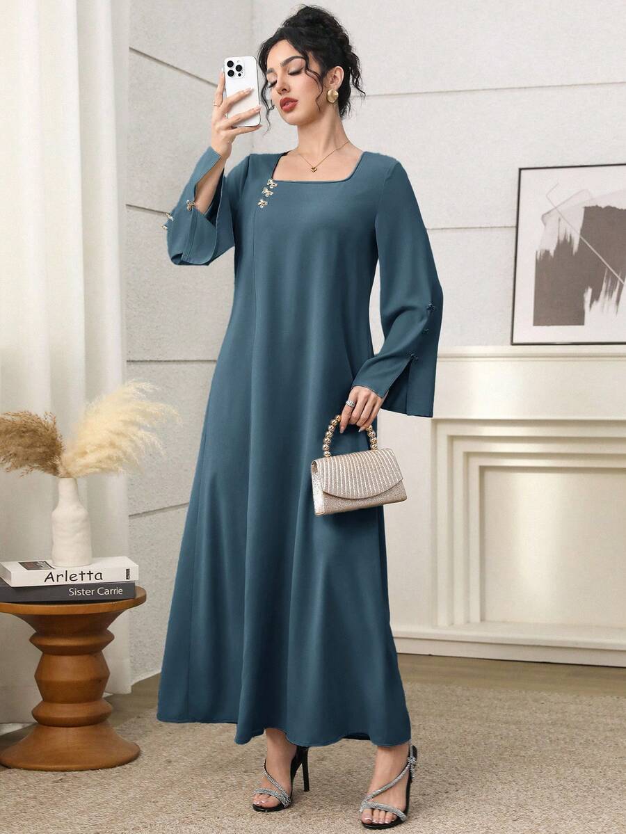 SHEIN Yasmyna فستان ازرق فضفاض مزين بفيونكة أنيق