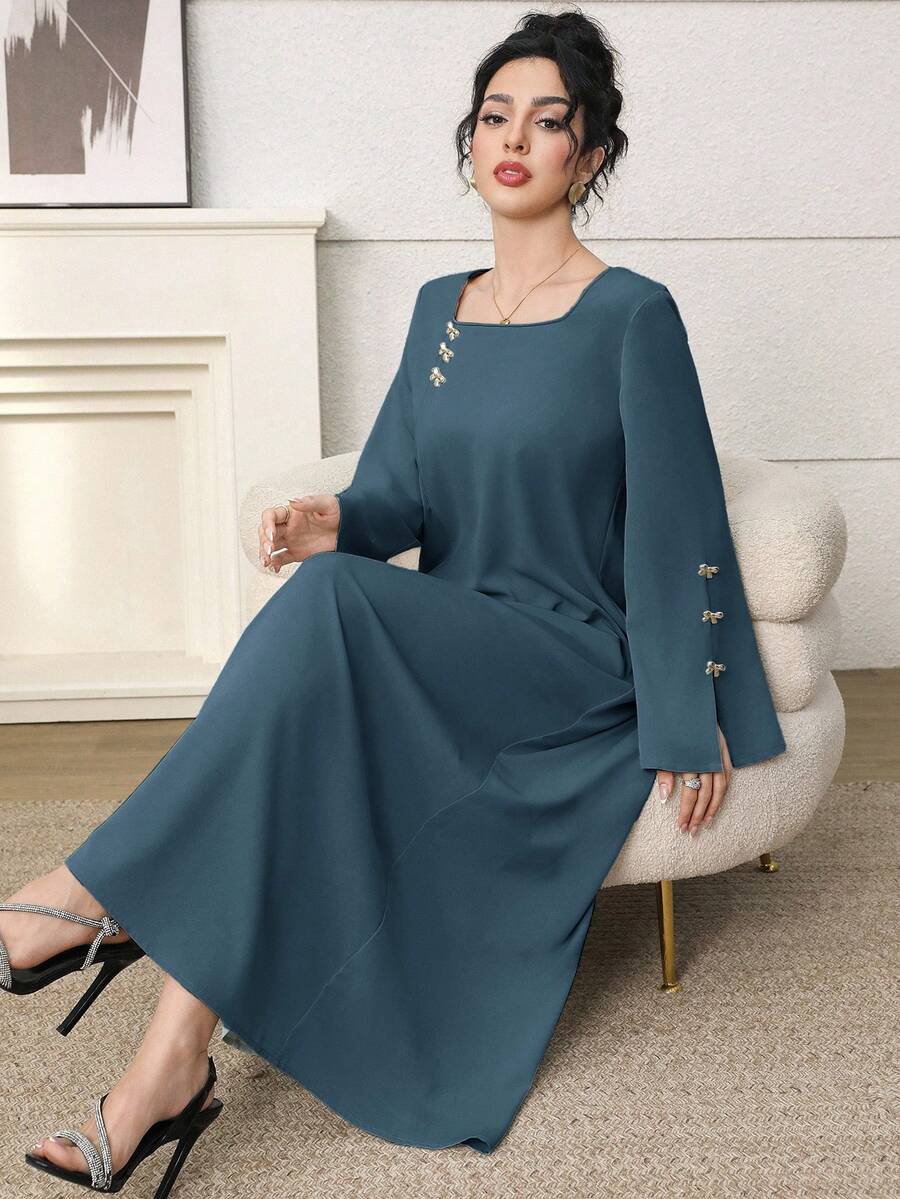 SHEIN Yasmyna فستان ازرق فضفاض مزين بفيونكة أنيق