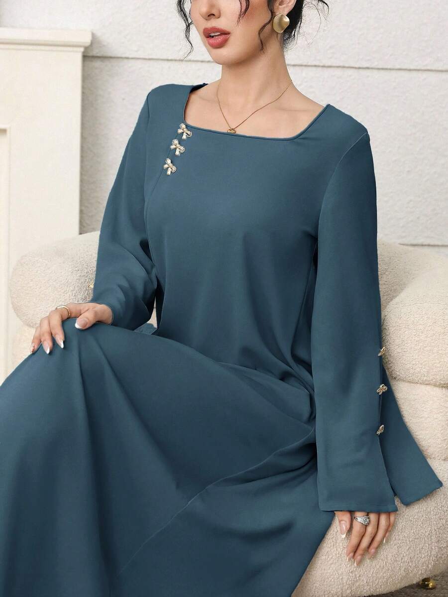 SHEIN Yasmyna فستان ازرق فضفاض مزين بفيونكة أنيق