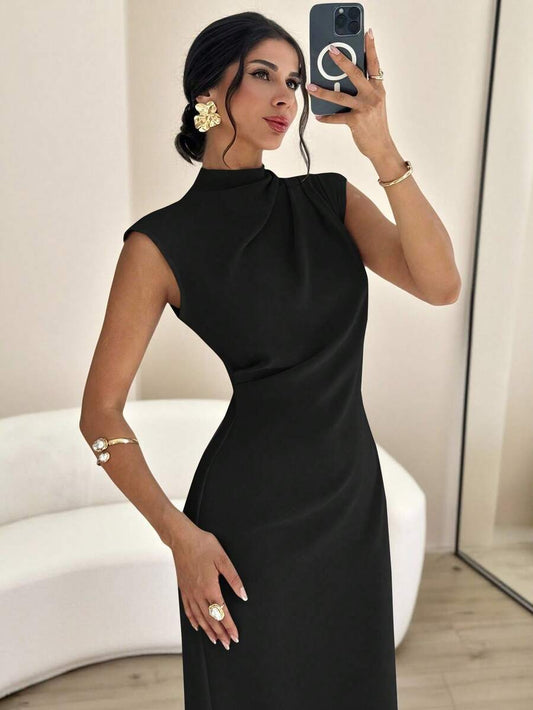 SHEIN Firerie فستان أسود طويل بياقة قائمة وأكمام كتف وخصر مربوط