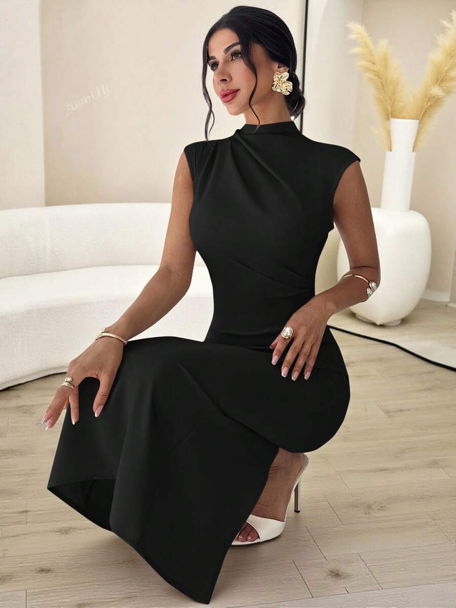 SHEIN Firerie فستان أسود طويل بياقة قائمة وأكمام كتف وخصر مربوط