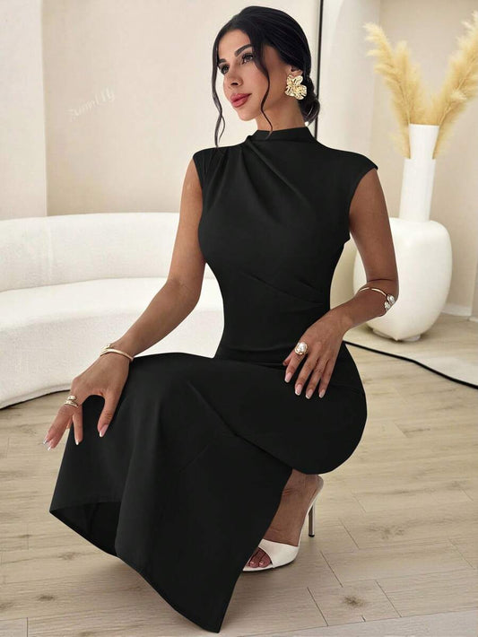 SHEIN Firerie فستان أسود طويل بياقة قائمة وأكمام كتف وخصر مربوط