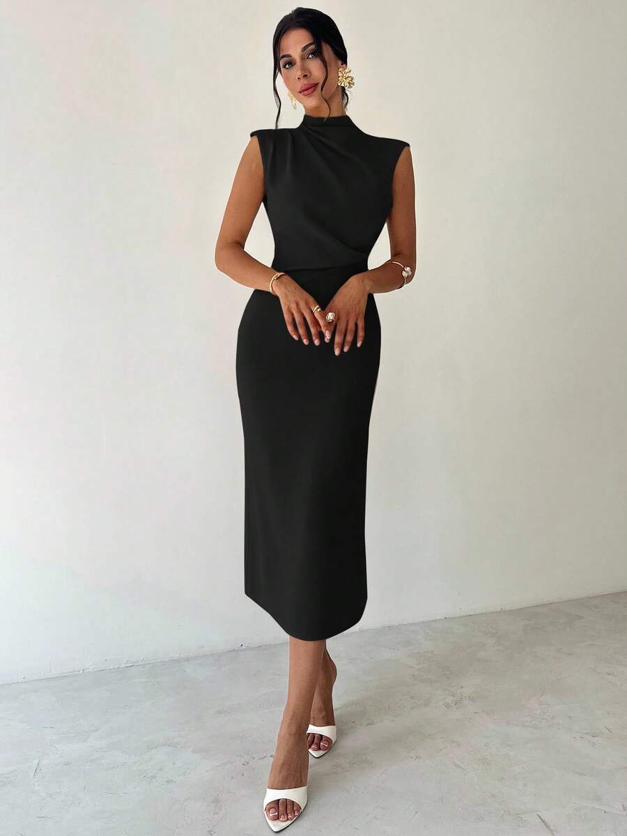SHEIN Firerie فستان أسود طويل بياقة قائمة وأكمام كتف وخصر مربوط