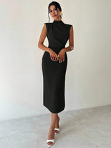 SHEIN Firerie فستان أسود طويل بياقة قائمة وأكمام كتف وخصر مربوط