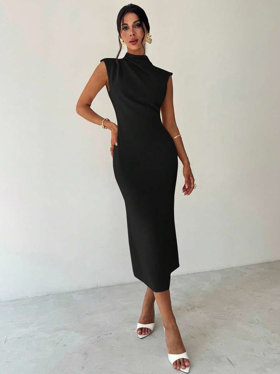 SHEIN Firerie فستان أسود طويل بياقة قائمة وأكمام كتف وخصر مربوط