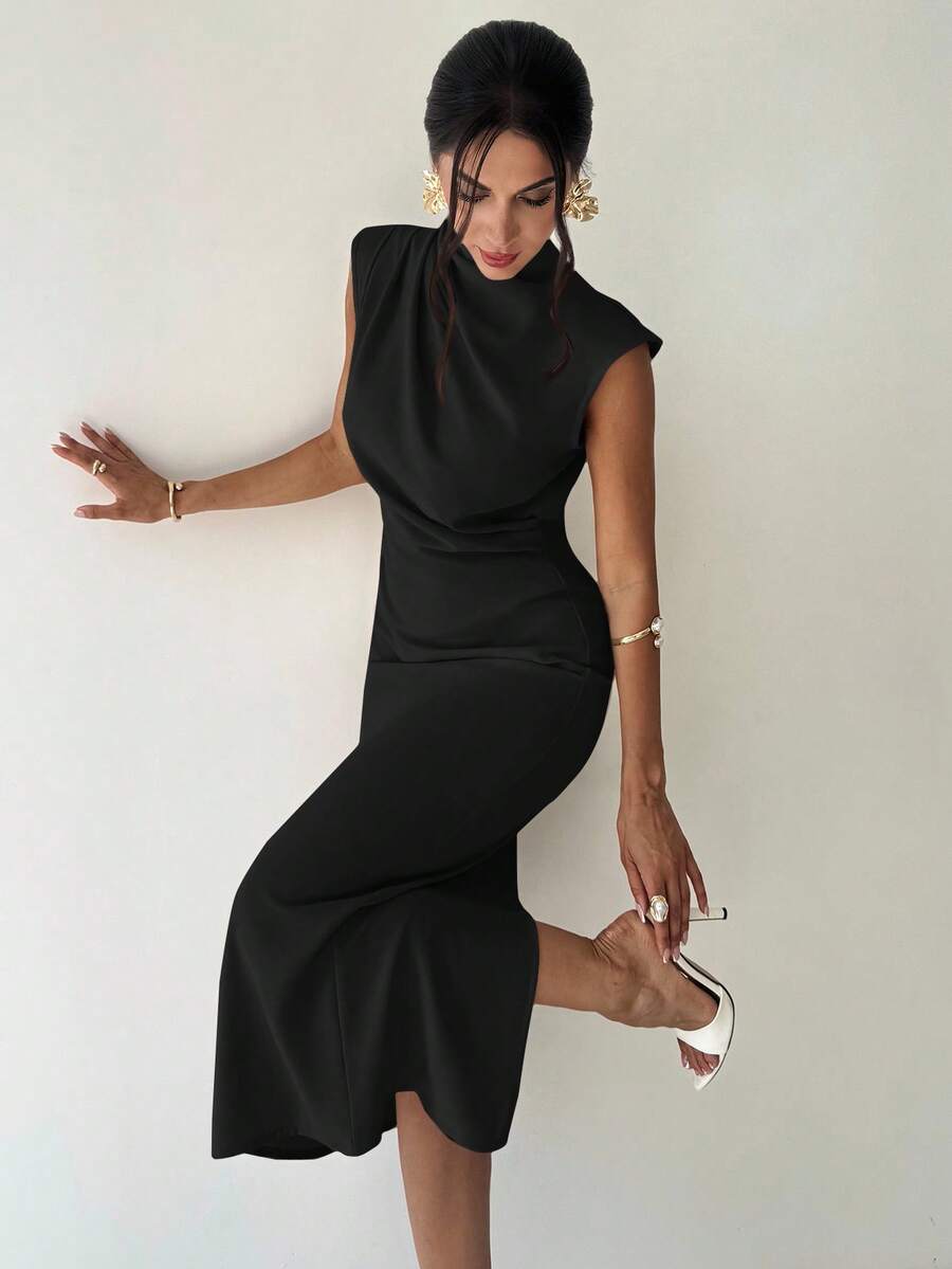 SHEIN Firerie فستان أسود طويل بياقة قائمة وأكمام كتف وخصر مربوط