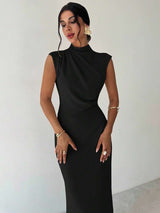 SHEIN Firerie فستان أسود طويل بياقة قائمة وأكمام كتف وخصر مربوط