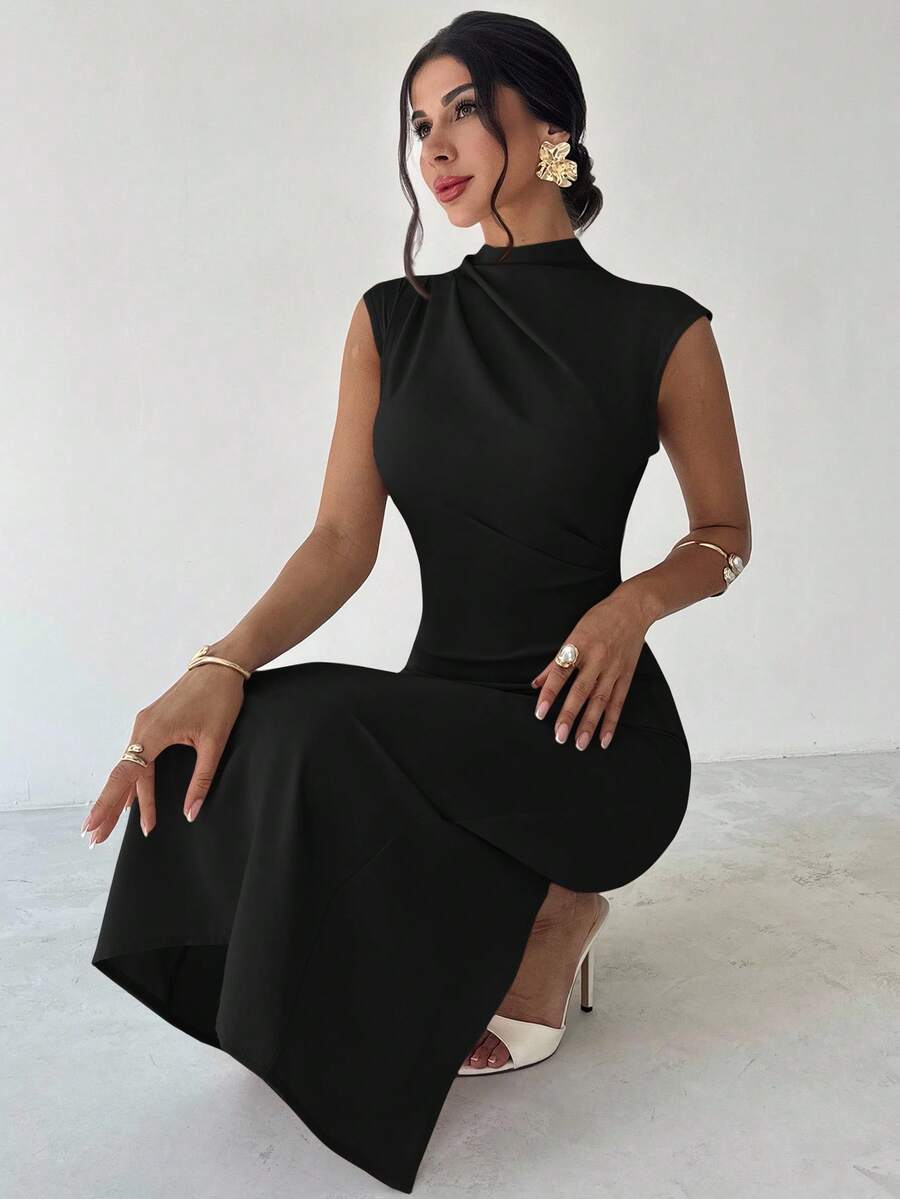 SHEIN Firerie فستان أسود طويل بياقة قائمة وأكمام كتف وخصر مربوط