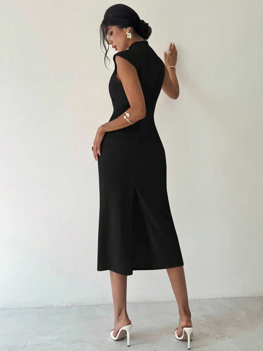 SHEIN Firerie فستان أسود طويل بياقة قائمة وأكمام كتف وخصر مربوط