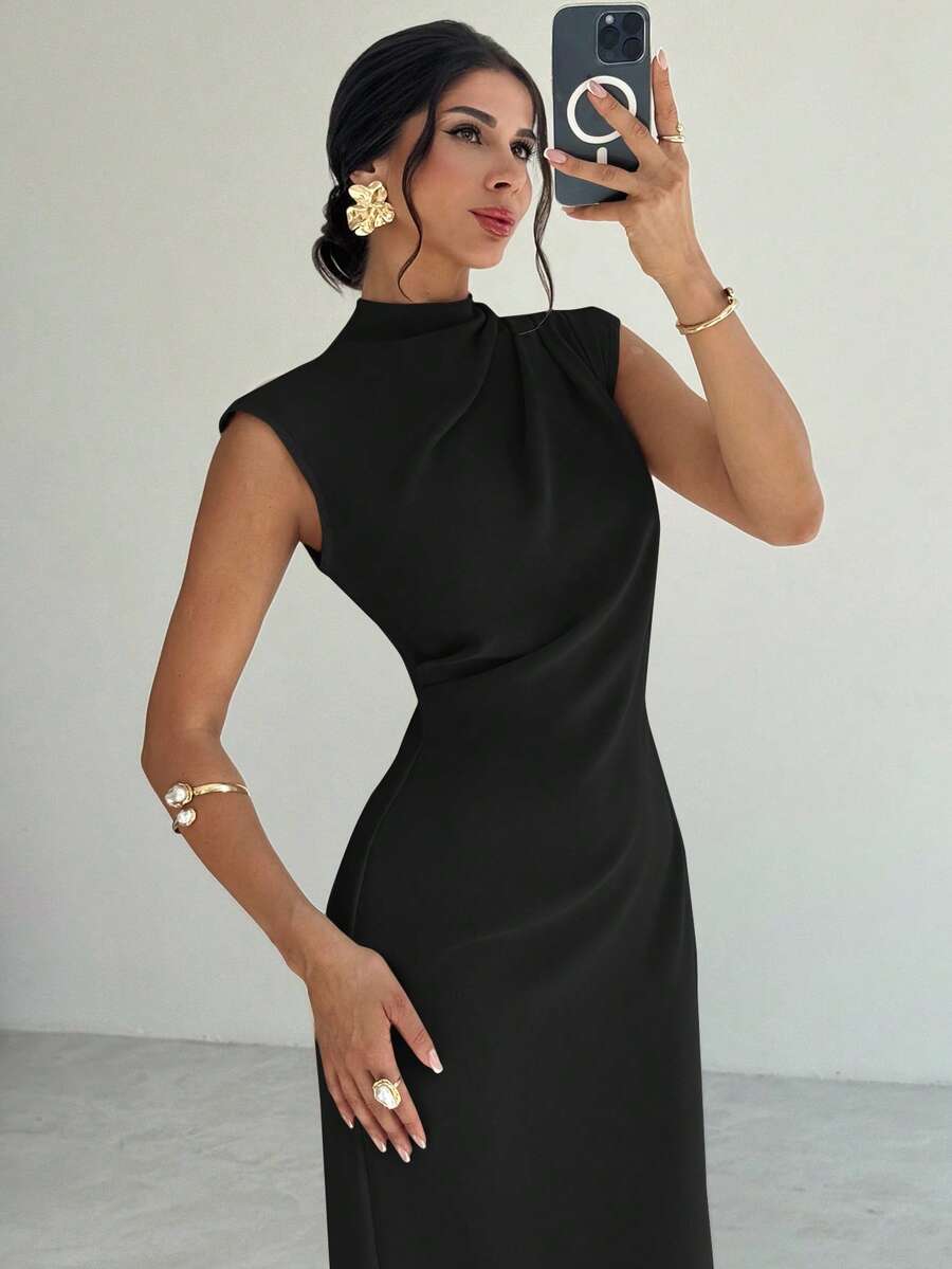 SHEIN Firerie فستان أسود طويل بياقة قائمة وأكمام كتف وخصر مربوط