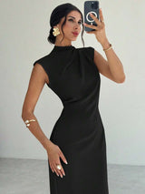 SHEIN Firerie فستان أسود طويل بياقة قائمة وأكمام كتف وخصر مربوط