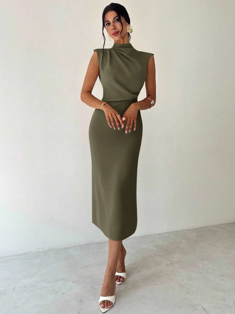 SHEIN Firerie فستان بلون الأخضر العسكري بياقة قائمة وخصر مربوط