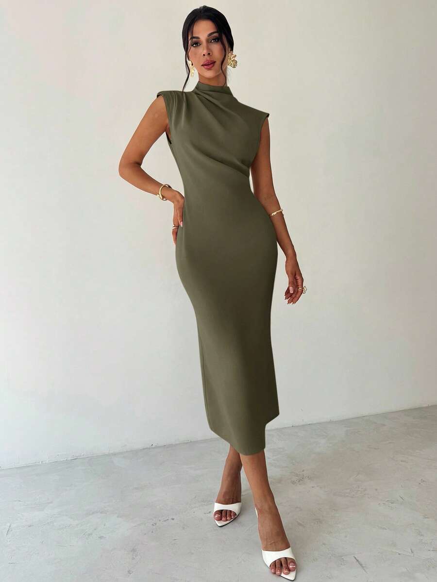 SHEIN Firerie فستان بلون الأخضر العسكري بياقة قائمة وخصر مربوط