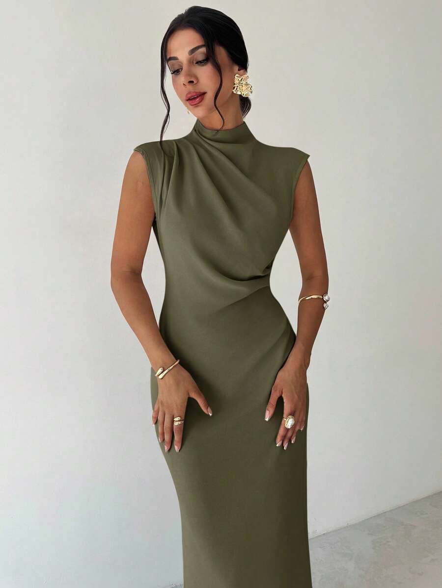 SHEIN Firerie فستان بلون الأخضر العسكري بياقة قائمة وخصر مربوط