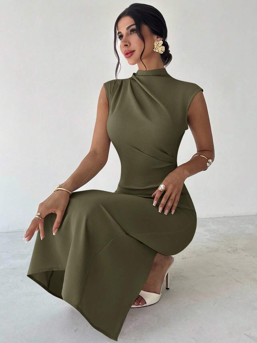 SHEIN Firerie فستان بلون الأخضر العسكري بياقة قائمة وخصر مربوط
