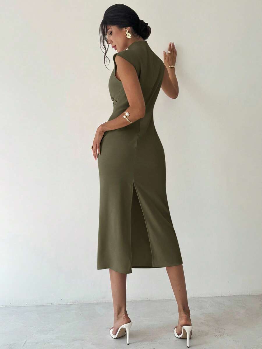 SHEIN Firerie فستان بلون الأخضر العسكري بياقة قائمة وخصر مربوط