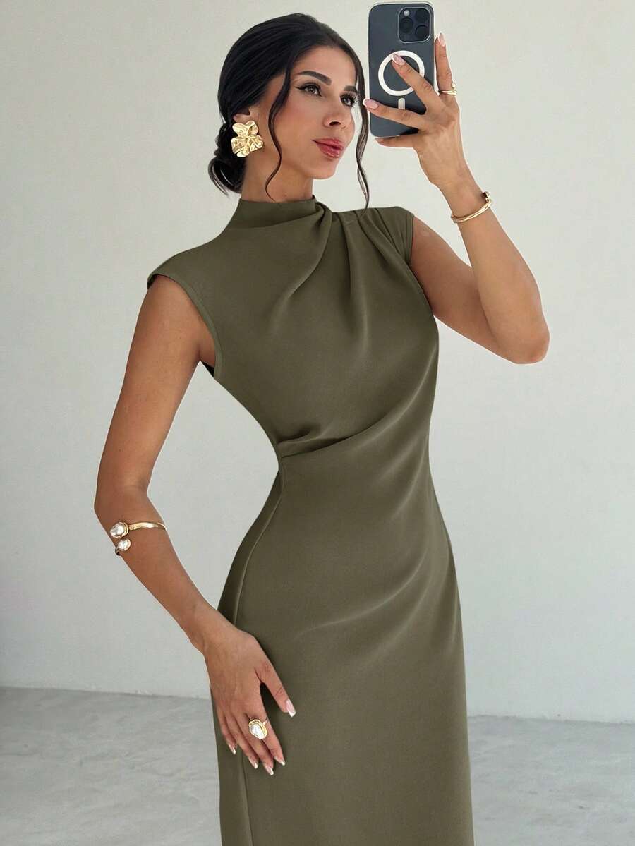 SHEIN Firerie فستان بلون الأخضر العسكري بياقة قائمة وخصر مربوط
