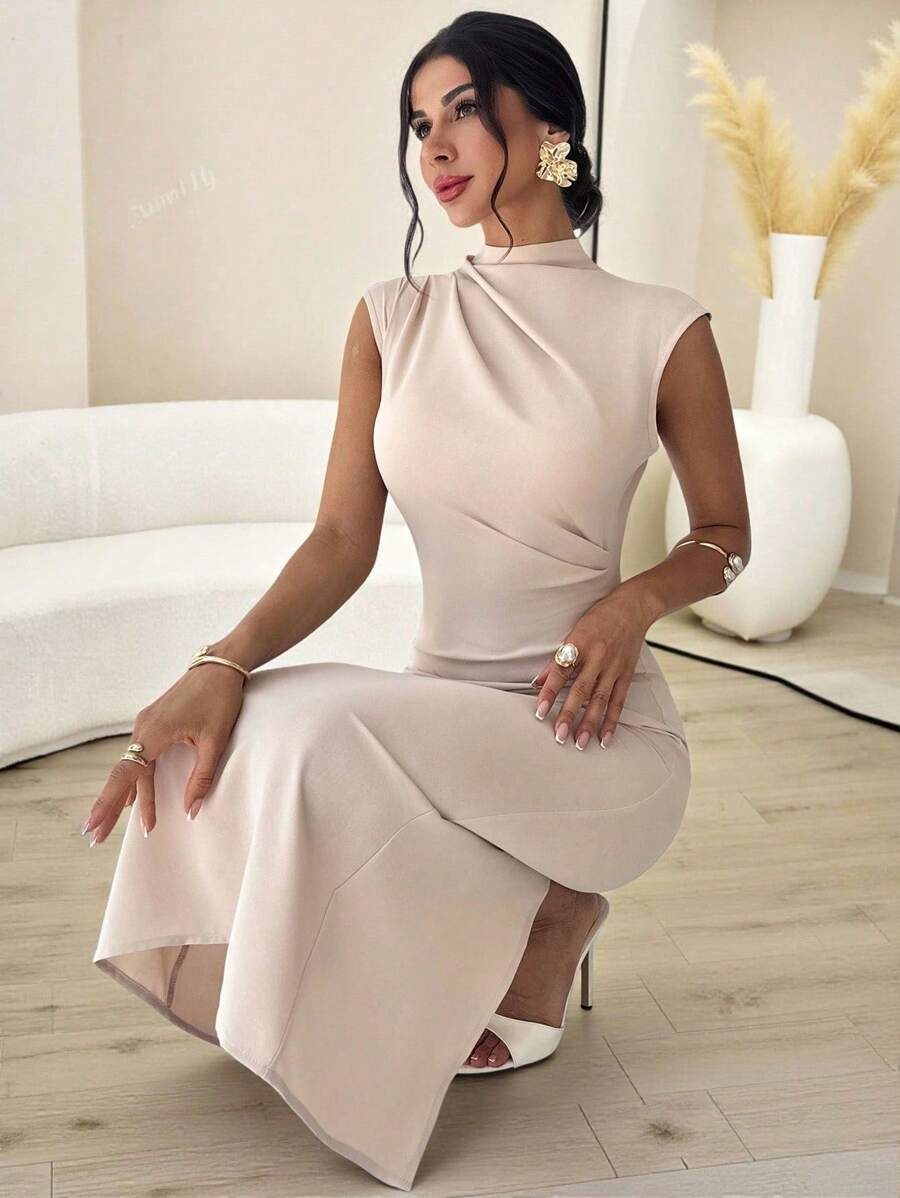SHEIN Firerie فستان صيفي بياقة مقفلة وأكمام رخوة وشق خلفي باللون المشمشي