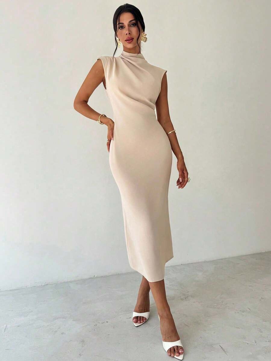 SHEIN Firerie فستان صيفي بياقة مقفلة وأكمام رخوة وشق خلفي باللون المشمشي