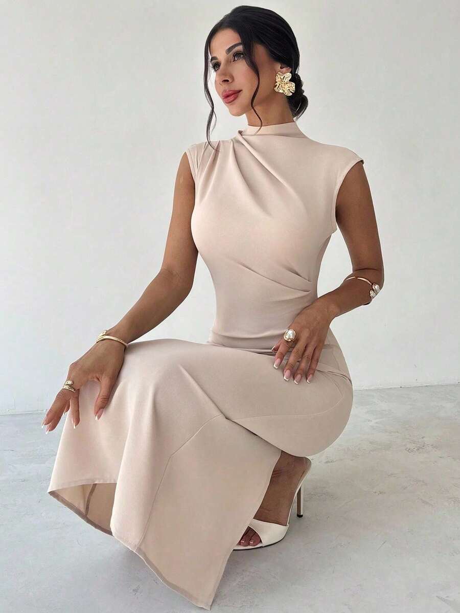 SHEIN Firerie فستان صيفي بياقة مقفلة وأكمام رخوة وشق خلفي باللون المشمشي