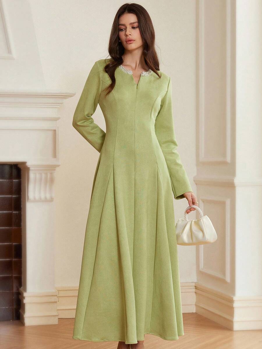 SHEIN Aveloria Rosie فستان مخملي أخضر بأكمام طويلة مربوط الخصر