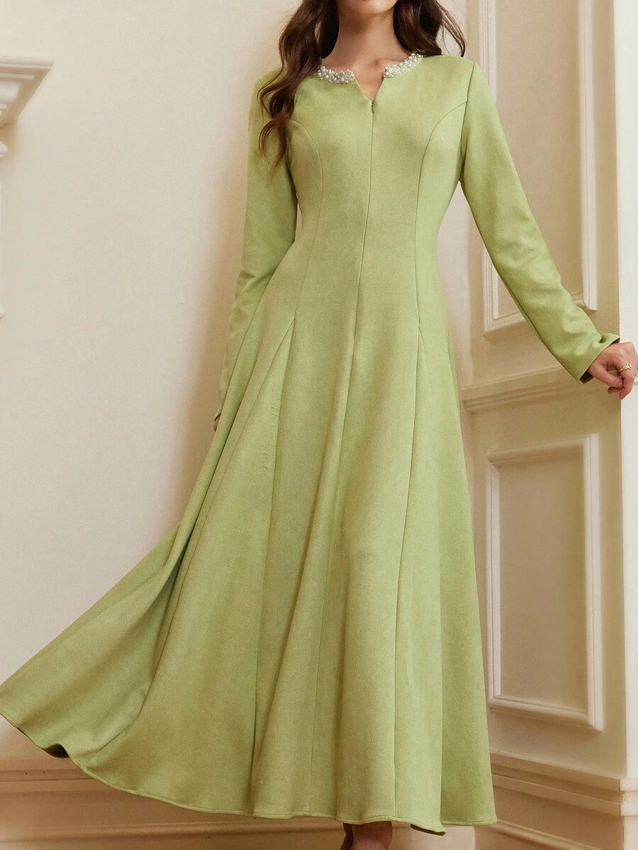 SHEIN Aveloria Rosie فستان مخملي أخضر بأكمام طويلة مربوط الخصر
