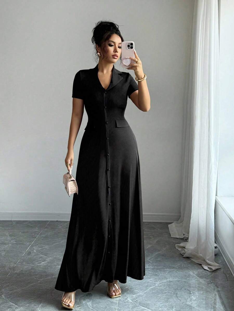 SHEIN Elenzga فستان ماكسي اسود بأكمام قصيرة