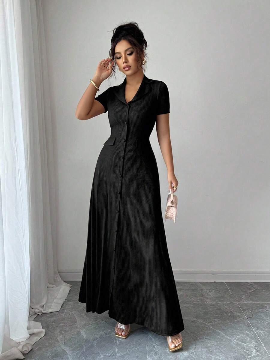SHEIN Elenzga فستان ماكسي اسود بأكمام قصيرة