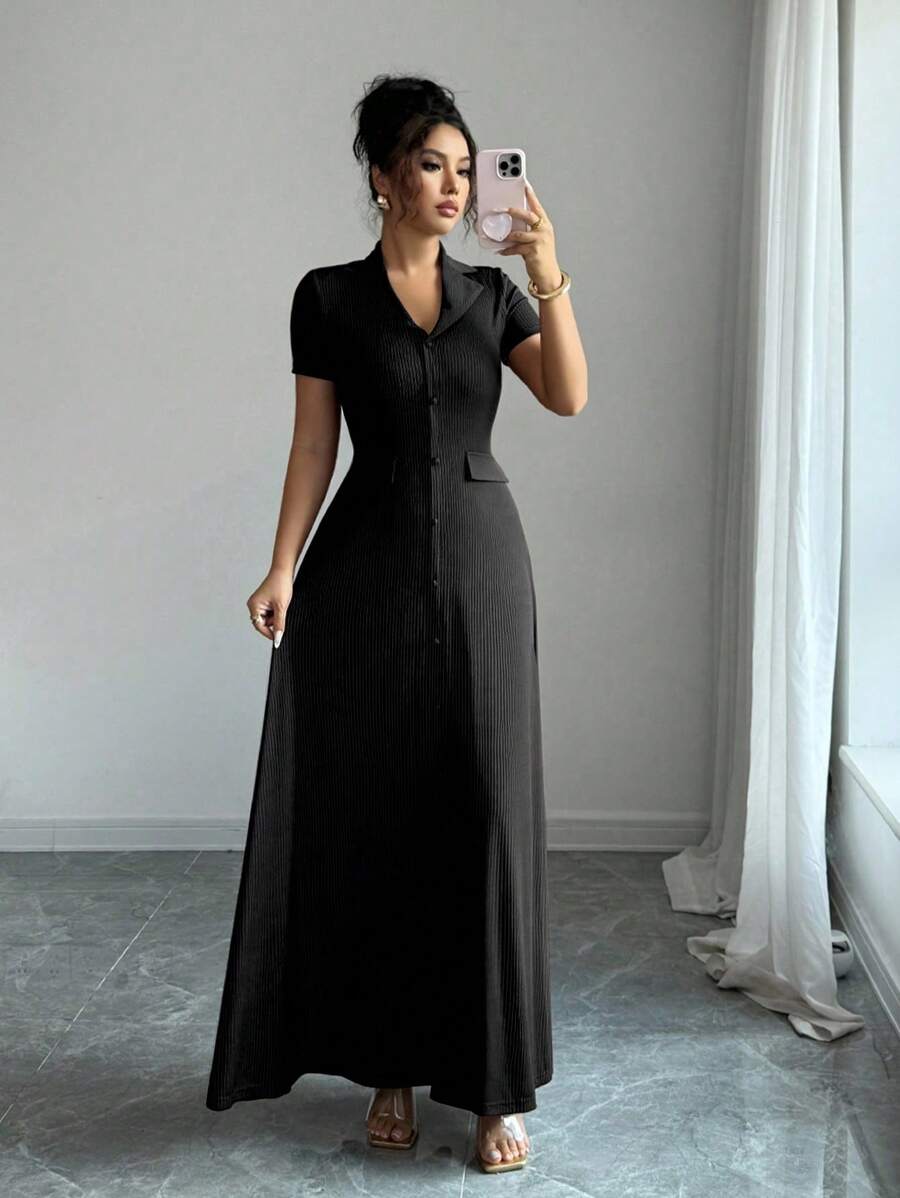SHEIN Elenzga فستان ماكسي اسود بأكمام قصيرة