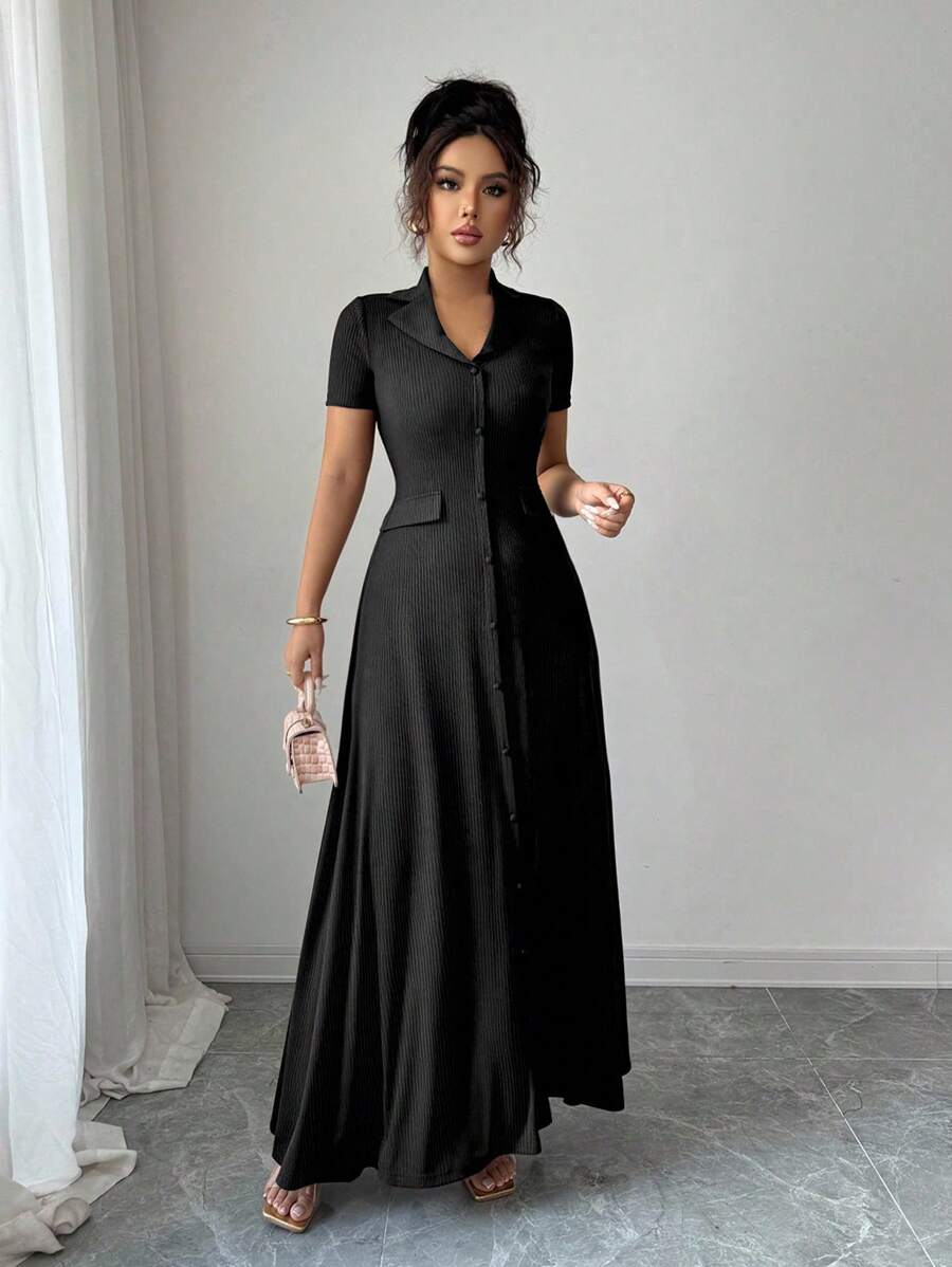 SHEIN Elenzga فستان ماكسي اسود بأكمام قصيرة