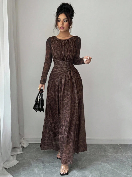 SHEIN Rafferiza فستان بطبعة نمر بياقة مستديرة وأكمام واسعة