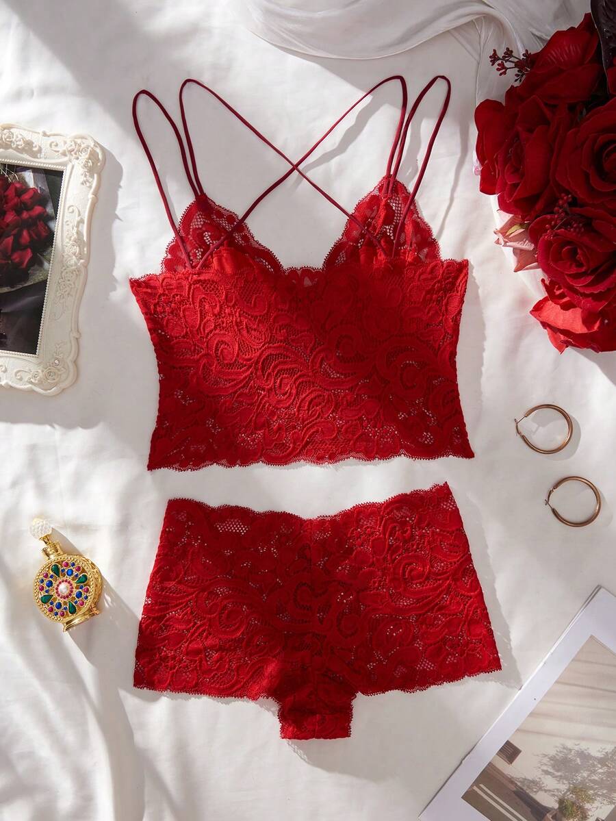 SHEIN طقم لانجري من الدانتيل الأحمر جذاب وأنيق