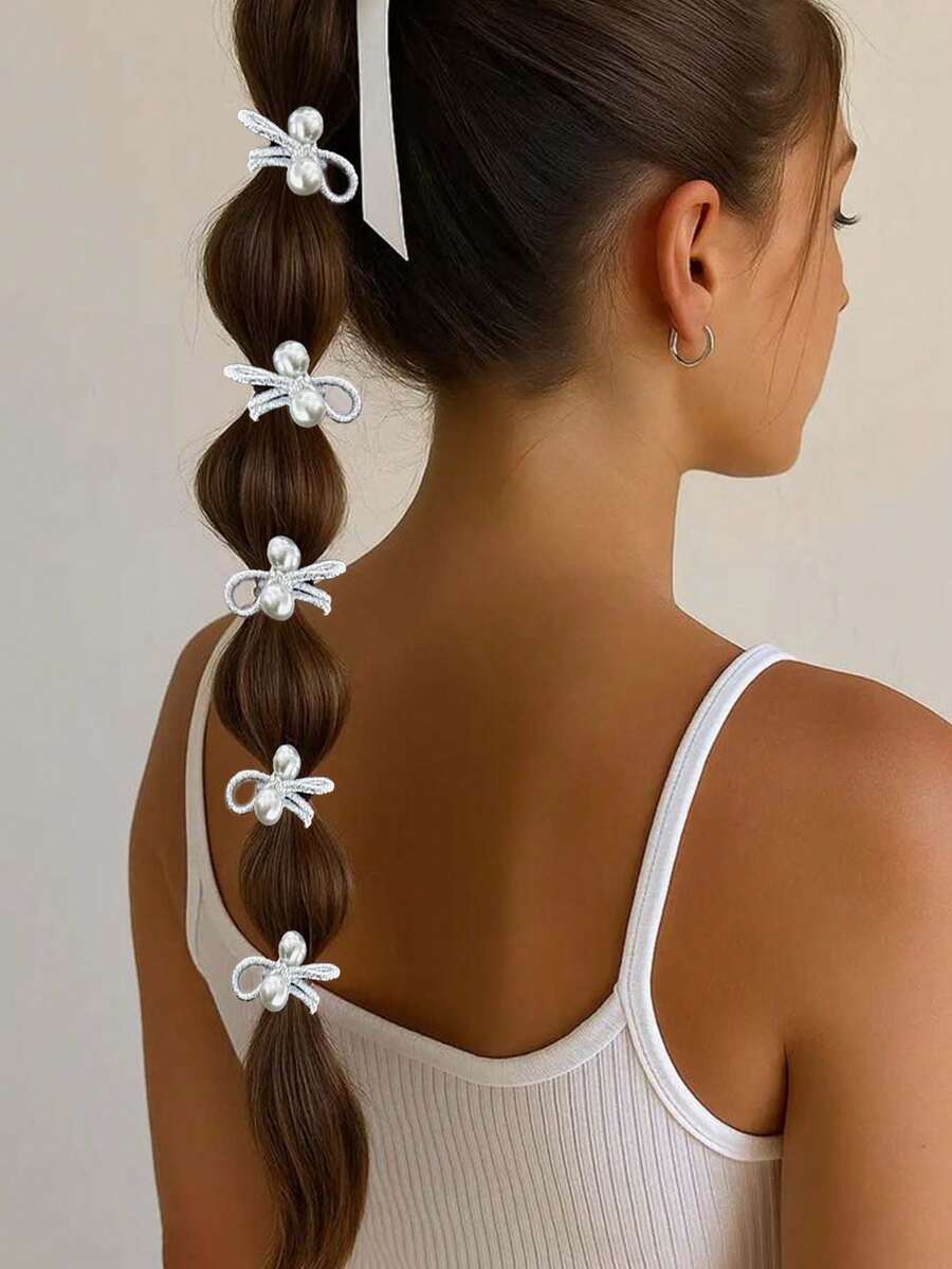 SHEIN طقم 10 قطع أربطة شعر مطاطية مزينة خرز وفيونكة االلؤلؤ