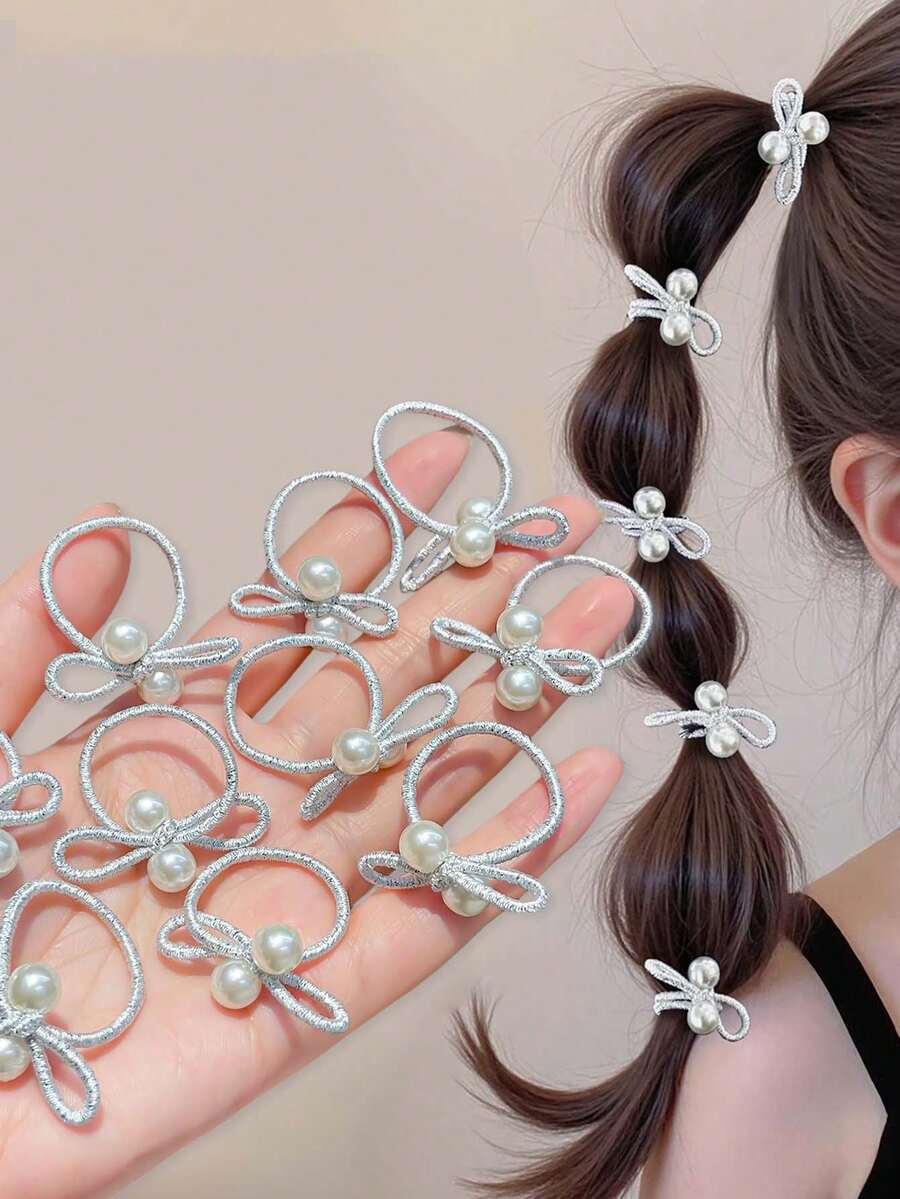 SHEIN طقم 10 قطع أربطة شعر مطاطية مزينة خرز وفيونكة االلؤلؤ