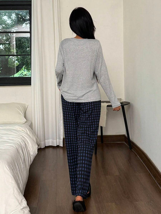SHEIN طقم بيجامة بلوزة قصيرة مع بنطلون مربعات