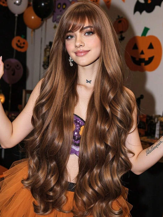 SHEIN شعر مستعار طويل متموج بني بنهاية باهتة كثيف