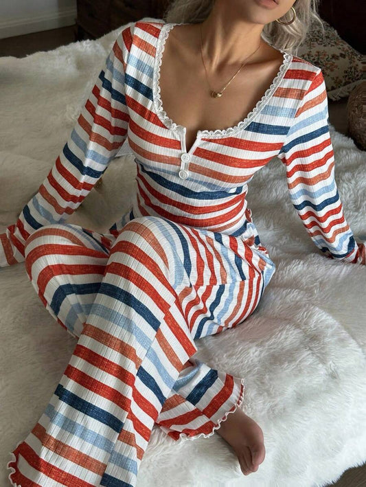 SHEIN ZzzCrew طقم بيجامة 2 قطعة بلوزة بأكمام طويلة وبنطلون